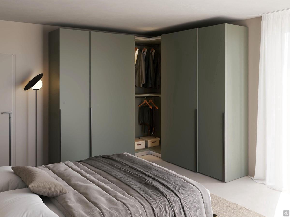 Wide sliding corner wardrobe with origano matt lacquered doors, Minima model handles in moka shine lacquered metal and interior in skin lacquered melamine to match the exterior