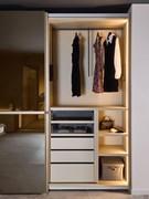 Another example of an interior configuration of an Arkansas Pacific wardrobe, with servant, drawer, partition and shelves. The interior fittings can be customised in terms of type, layout and finish and can be purchased in the dedicated tab under alternat