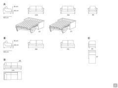 Measurements Scheme of Litchis sofa bed: A) linear sofa and armchair bed B) side elements C) chaise longue D) dormeuse