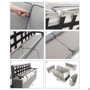 1) Strip to rotate the back 2) Blockage to avoid the silding of the mattess 3) 4) Seat cushions attached with zips 5) Back with pillow storage compartment 6) Structure that can be disassembled and with entirely removable fabric