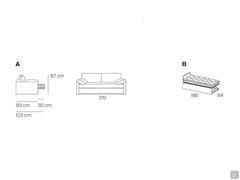 Measurements scheme of the sofa bed with second trundle bed Gregory; A) sofa bed B) optional trundle bed