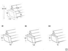 Dimensional specifications and armrest models available for the Florence sofa bed