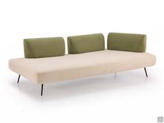 Modern Island sofa in the free-standing linear element version, with triple back cushion. Made in a two-tone version in Ambassador 410 Alabaster Gleam fabric (seat) and 808 Kiwi (cushions)