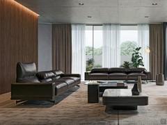 Elegant living room with a pair of Heritage sofas in dark brown leather in the version with 3 seats and upright armrests