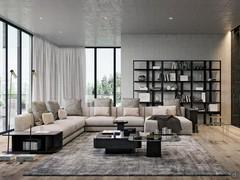 Large 'L' shaped sofa made with the Omega modular system, with roll back cushions and bookcase tables on the sofa side