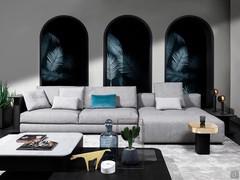 Omega sofa in a modern armless composition with a central two-seat element with standard back cushions and a chaise longue without backrests, closed at the sides by two sofa-side bookcase tables