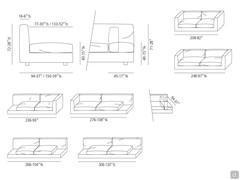 Modularity available for the Omega sofa: linear sofas, linear with open side / reclining armrests