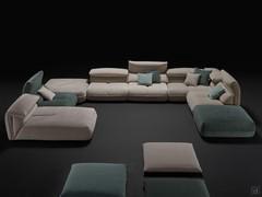 Sectional sofa Monterey: U shaped layout with chaise longue, linear elements, pouf corner, corner element and pouf