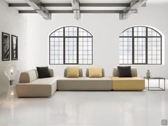 Prisma modular sofa system with movable backrests upholstered with Touch Melange and Leiza Damier fabrics