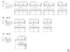 Dimensional diagrams fabric sofa with meridienne Skid by Bonaldo: A) linear B) terminal C) meridienne