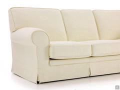 Levante classic sofa with fabric flounce, detail of the armrest and seat and back cushions