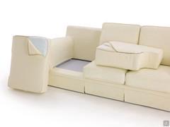 Classic sofa with skirt, detail of the cushions that can be easily moved and removed of their upholstery cover