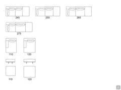 Modularity of corner elements with pouf, chaise longue with pouf