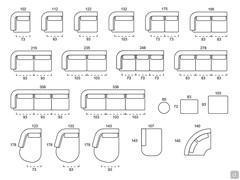 Modularity of terminal elements, chaise-longue, panoramic terminal, curved corner element and pouffe