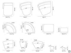 Available modularity for the chaise longue, corved corners, pouf and decorative cushions