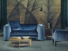 Preston 2-seater sofa with blue velvet upholstery combined with the Lynn armchair