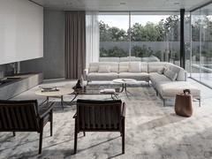 Large L-shaped sofa Maxime, consisting of a terminal element with a 14 cm wide armrest, corner element and pouffe