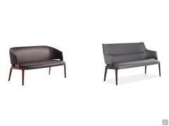 The two versions of the Velis sofa with high solid wood feet: left with low backrest, right with high backrest