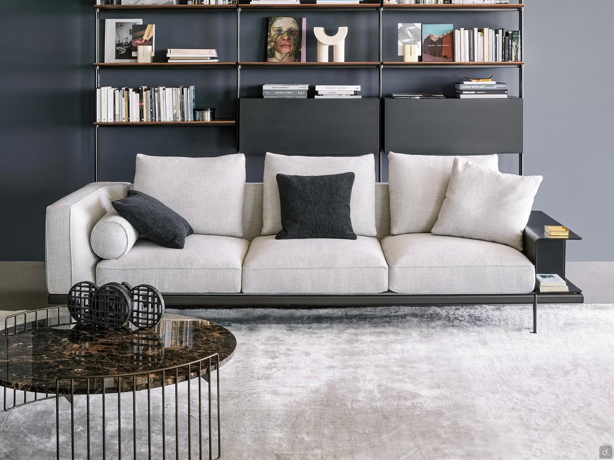 Sofa with integrated bookcase Phil by Bonaldo here shown in linear version with three Casual cushions