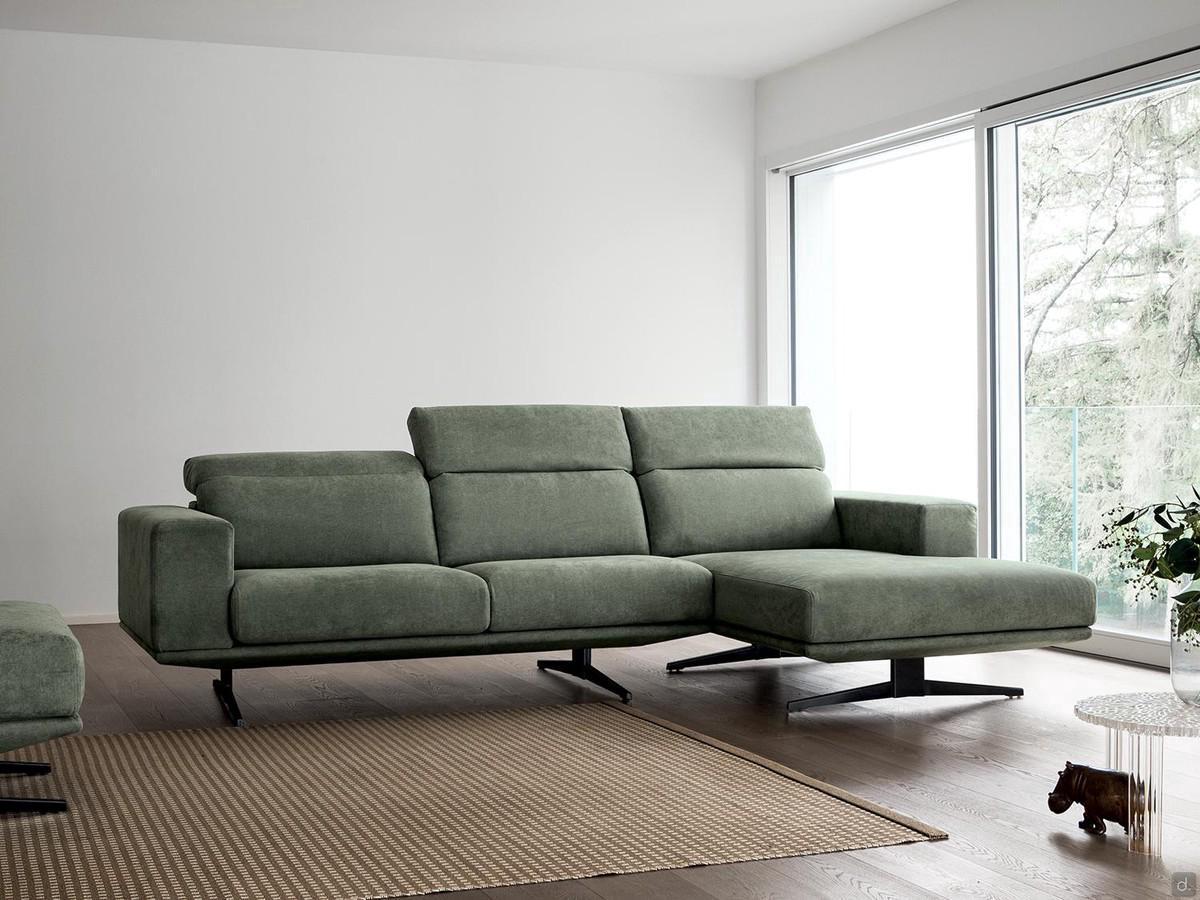 Modern sofa with chaise longue and adjustable headrests Burton high off the ground thanks to designer feet