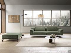 2/3 seater sofa with matching Cassis pouf upholstered in green melange fabric and with floor-high wooden base