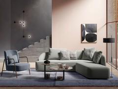 Banus low modern sofa with open corner, here proposed with single-colour fabric covering