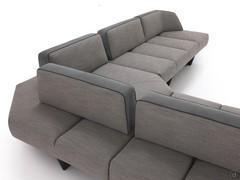 Detail of the back of the Leyton sofa with projecting overhead seats to accommodate the sliding backrests