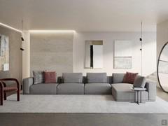 Paros sectional sofa with platform, here proposed in the linear version with armrest on the left, 3 central elements and dormeuse peninsula on the right