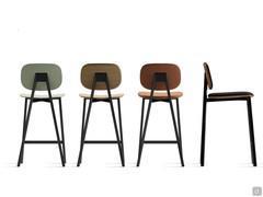 Lollipop high bar stool with comfortable back; seat available in plastic, wood or upholstered in fabric