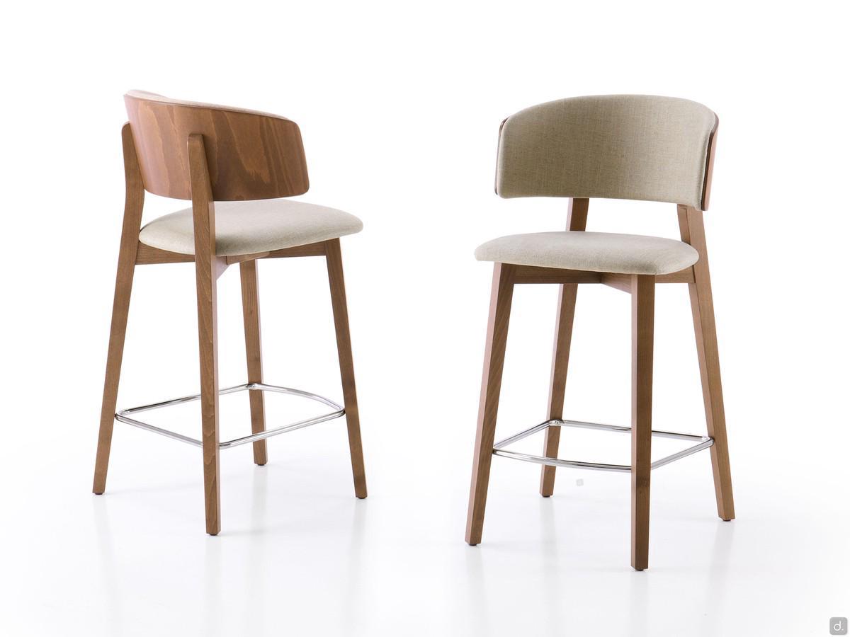 Darcey walnut kitchen stool with backrest, upholstered in Barren fabric