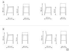 Dimensional diagram of the Filly Too stool: A) models with kitchen counter height B) models with snack-bar counter height