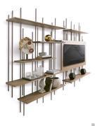 TV stand and wall bookcase Waterfall, both with wooden shelves and titanium-painted metal tubular frame