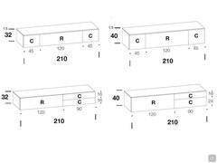 Fly TV stand - center or side flap models, overlapping or side drawers width cm 210