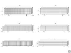 Schemes and measurements of Fado TV unit, available in three sizes and and in two different 3-D patterns on the sides and frontstali e fianchi