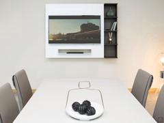 White matt lacquered TV panel with ashwood bookcase