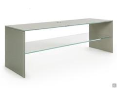 Multiglass tempered glass TV cabinet in coloured glass with clear glass shelf