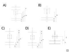 Swiveling TV stand Kino - Diagrams and dimensions of the 5 models available, with the letters corresponding to the models selectable in the configurator