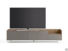 Columbus Step TV stand with wooden frame and contrasting matte lacquered fronts. 80 inch TV on 242 cm wide cabinet