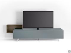 California low TV cabinet in two-tone version, thanks to the combination of matte lacquer and wood essence. TV on 50-inch Vesa swivel mechanism (maximum allowed is 65")