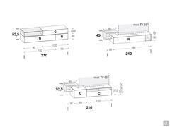 California low wooden TV cabinet - Diagrams and dimensions of 210 cm models for free-standing or suspended TVs