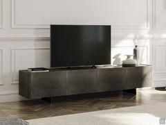 Maia modern TV stand with metal feet and doors and top in brushed bronze