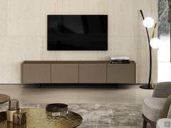 Maia modern TV stand with metal feet and doors upholstered in smooth leather and Canaletto walnut wooden top