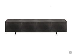 Maia modern TV stand with metal feet and doors and top in brushed bronze