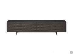 Maia modern TV stand with metal feet and doors upholstered in quilted leather and top in stained black ash wood 