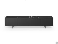 Maia modern TV stand with metal feet and doors in a matte lacquered Anthracite colour and top in glossy Sahara Noir ceramic