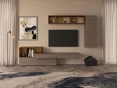 Fly Open TV cabinet with drawers and flap door, which can be combined with the eponymous wall units to create a custom-made wall unit