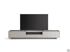 Columbus Glass wood and glass TV stand with high, shaped metal feet. Suspended or floor-standing models are also available. 