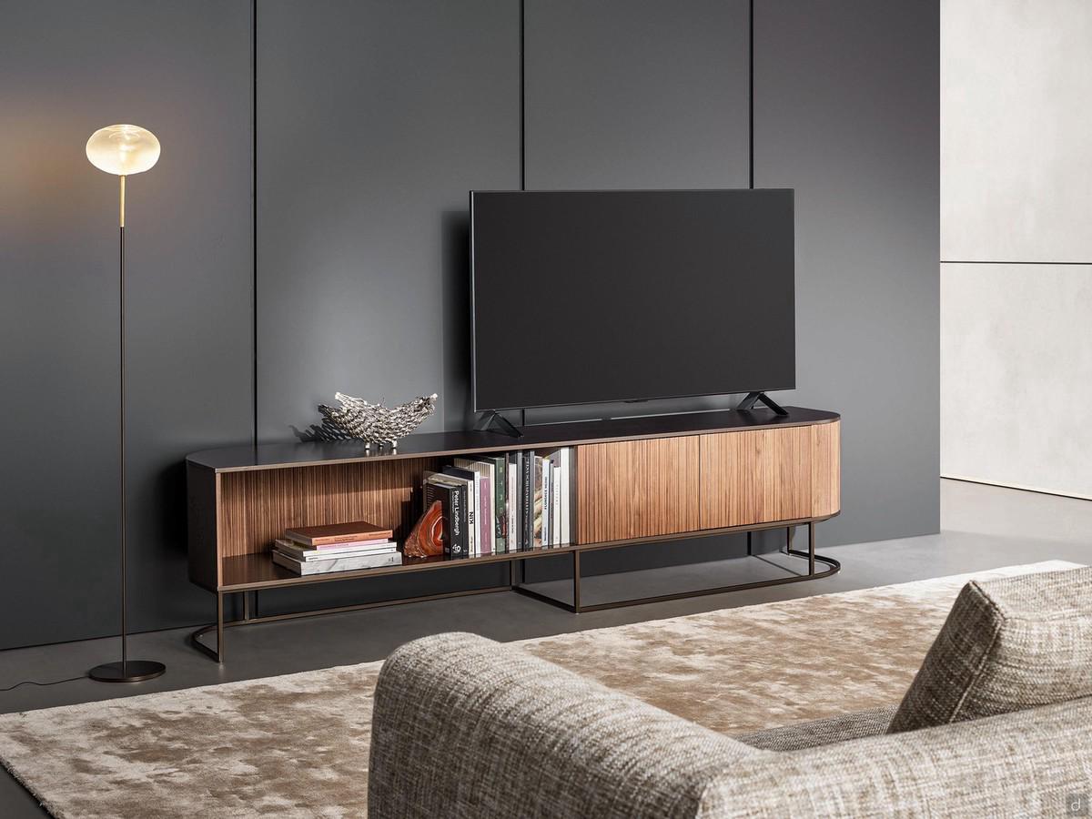 Design TV stand with Dune grooved wooden doors. Version with frame and top in bronze lacquer matching slatted fronts in Canaletto walnut