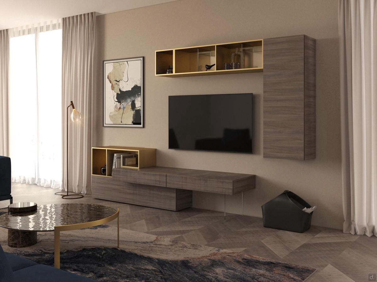 Fly Open TV cabinet with drawers and flap door, with metallic lacquered open element and matching wall unit composition