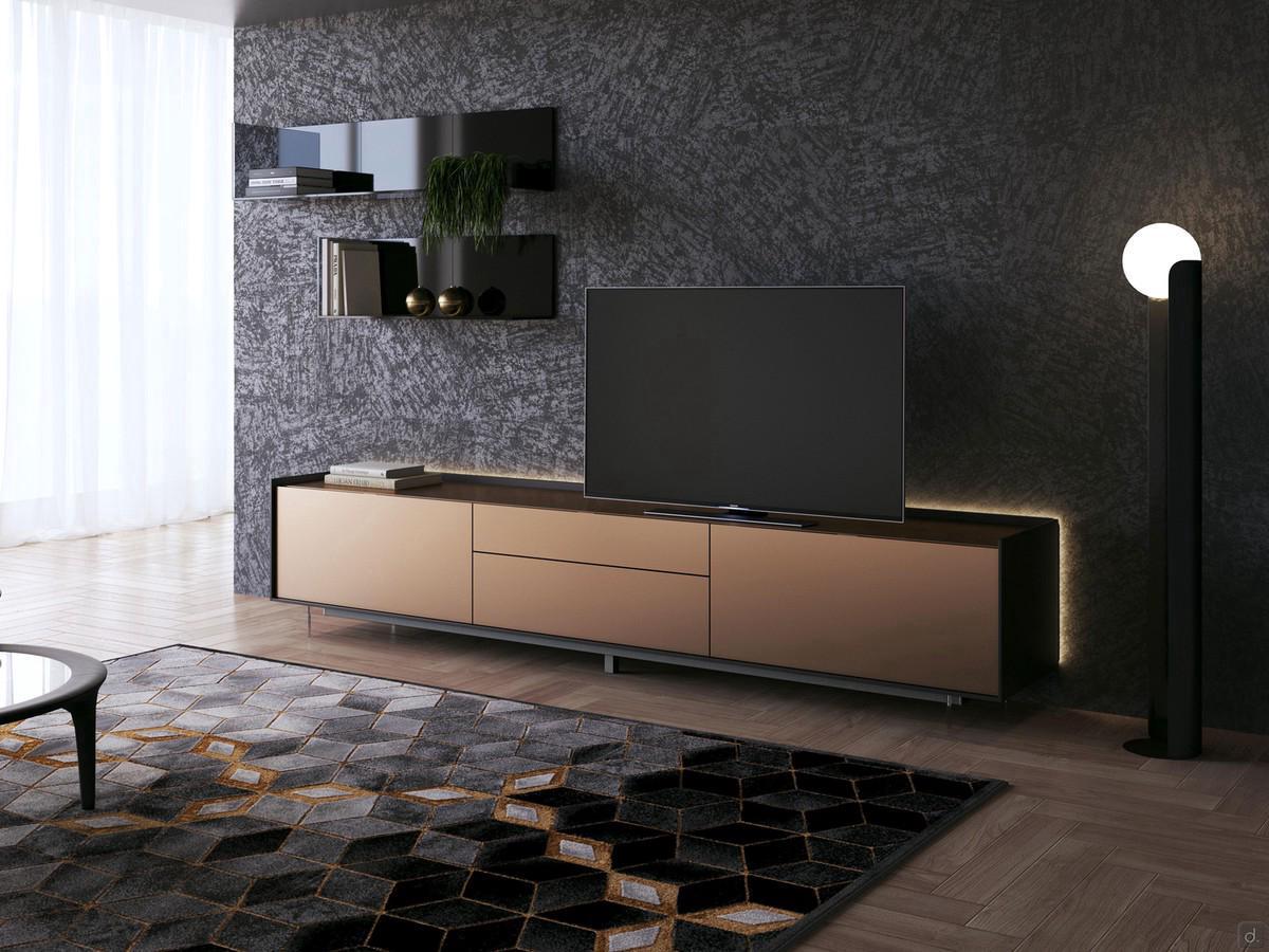 Lacquered TV stand with Columbus wood frame, offered here with two central drawers and all fronts in bronze metallic lacquer